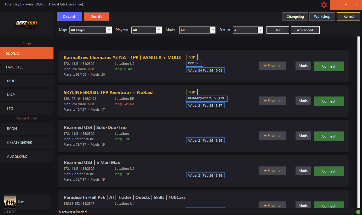DayZ-Hub server browser with server list, filters, and VIP badges