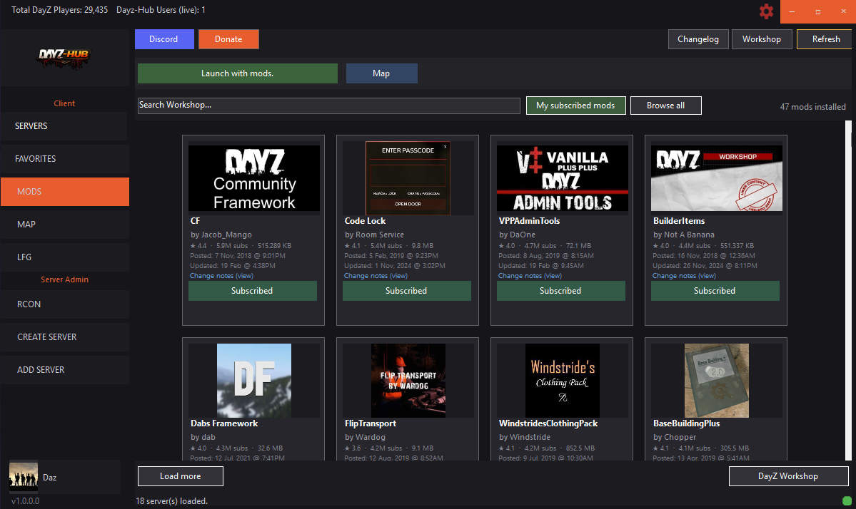 DayZ-Hub launcher main view with server list