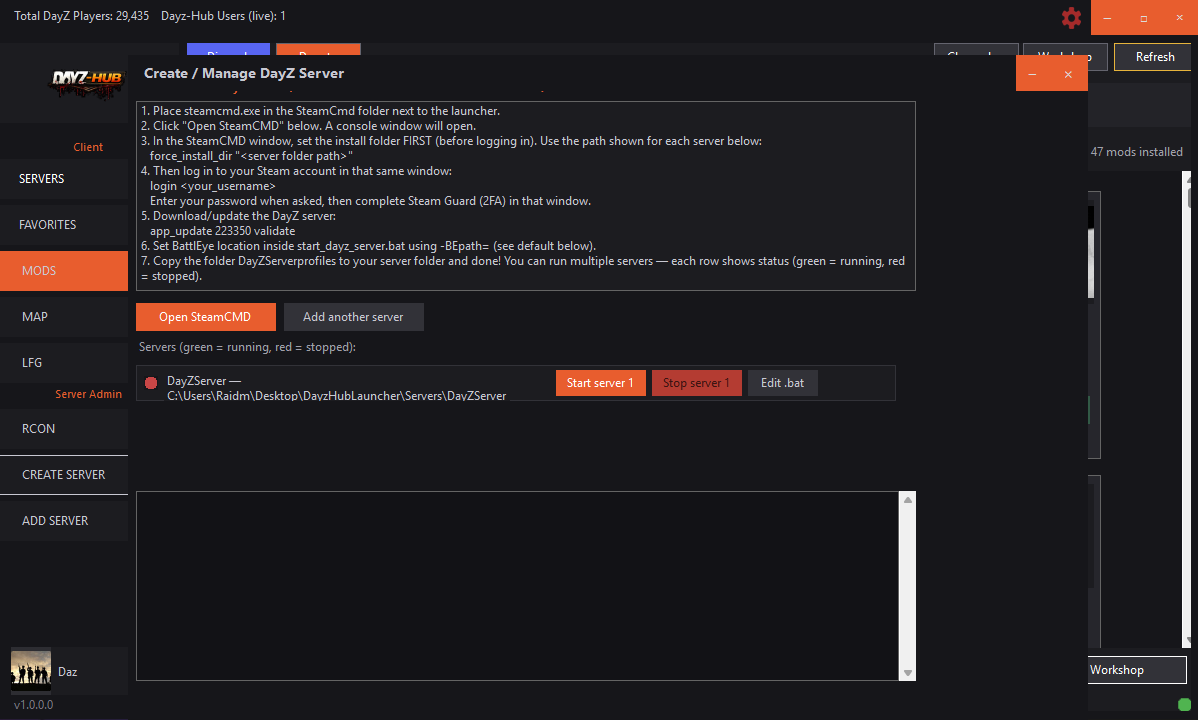 DayZ-Hub settings and launch configuration