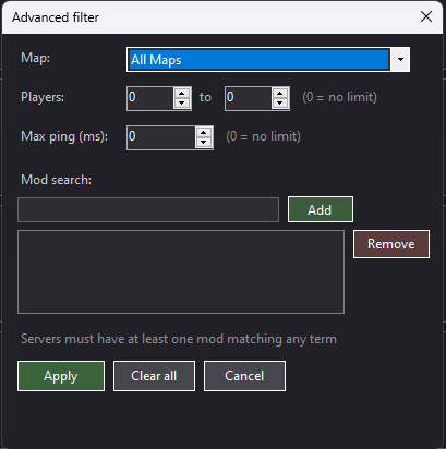 DayZ-Hub advanced filter dialog